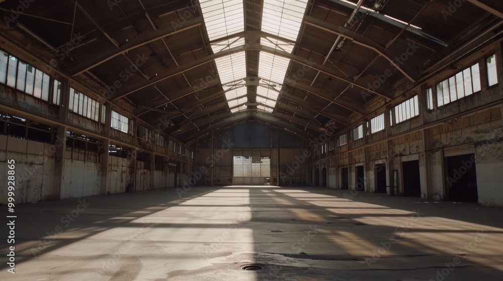 Industrial Warehouse Interior with Sunlight Streaming Through Skylights Industrial Warehouse Interior with Sunlight Streaming Through Skylights