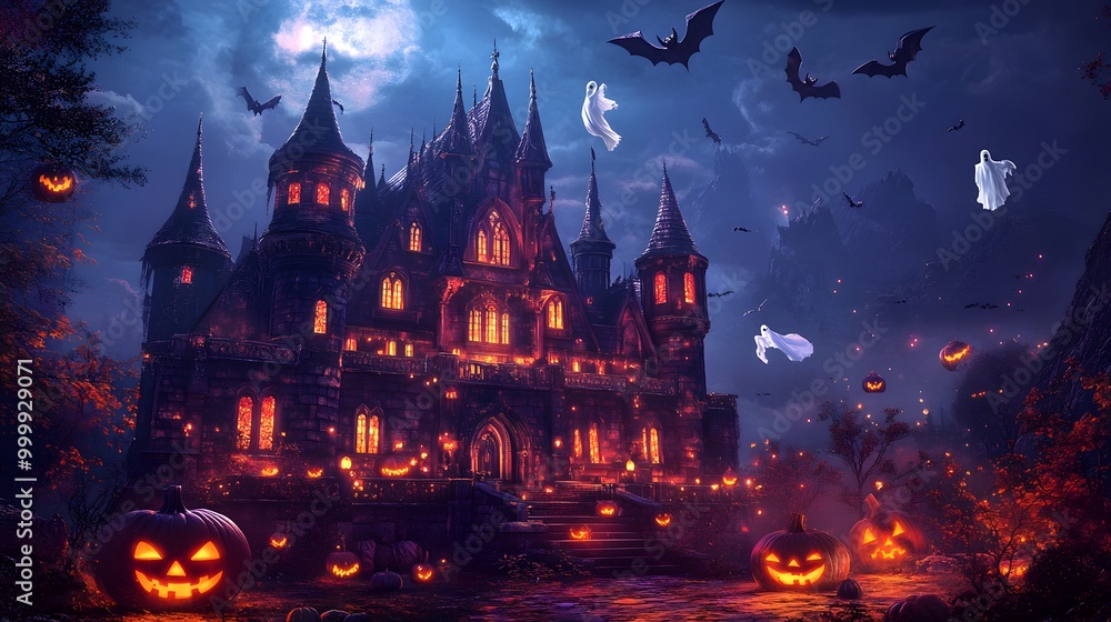 Spooky Halloween castle with glowing windows bats circling the turrets witches in pointed hats zooming by and ghosts playfully floating above the moat Spooky Halloween castle with glowing windows bats circling the turrets witches in pointed hats zooming by and ghosts playfully floating above the moat