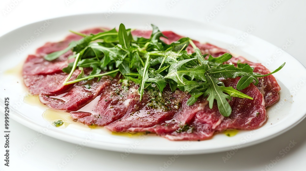 A plate of thinly sliced beef carpaccio. A plate of thinly sliced beef carpaccio.