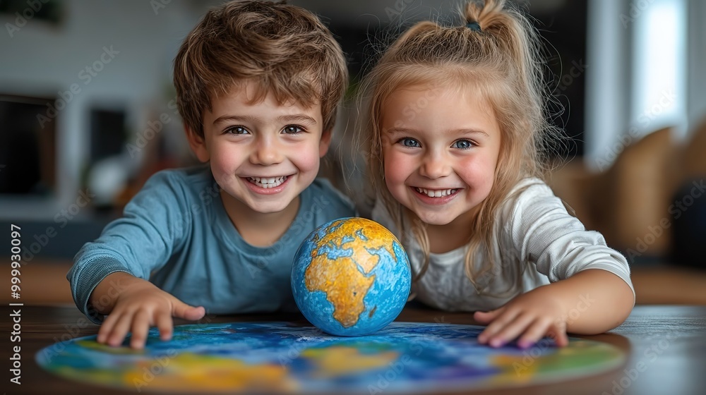 Fototapeta premium siblings painting at home with watercolors and tempera paints creating a model of planet earth