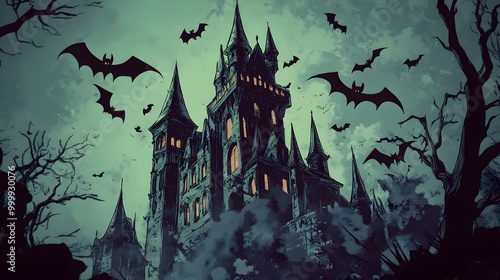 A haunted scene with a towering spooky castle surrounded by bats witches cackling as they fly and ghosts drifting through the forest in a quirky comic book style photo