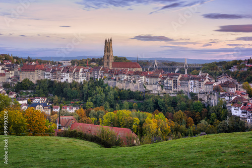 Panorama of the historical Fribourg Old town in early morning light, Switzerland