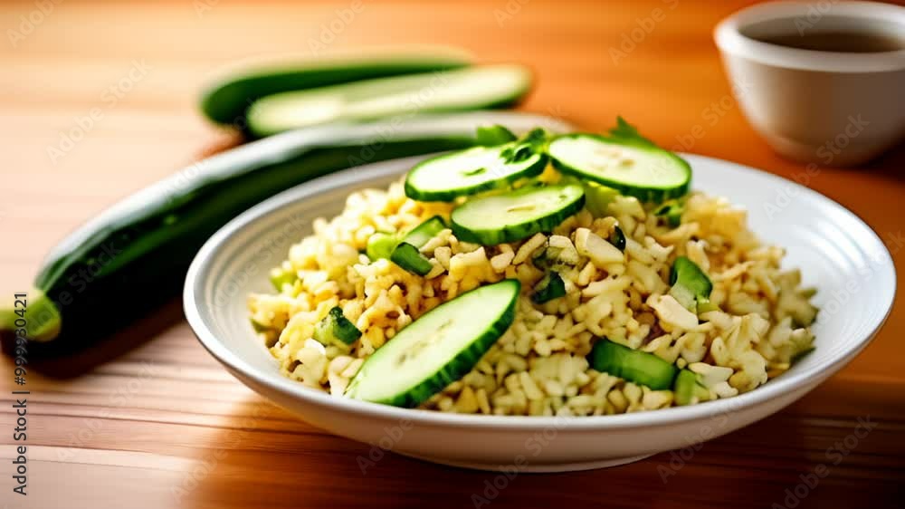 Freshly prepared cucumber and rice salad ready to serve Freshly prepared cucumber and rice salad ready to serve
