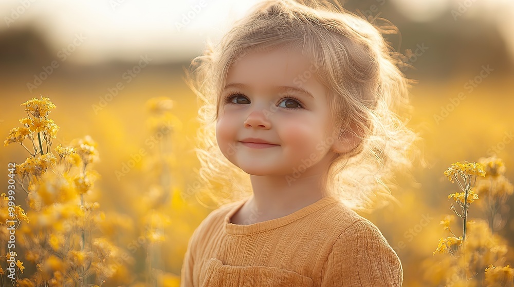 side view of happy small toddler girl standing in nature in rapeseed field side view of happy small toddler girl standing in nature in rapeseed field