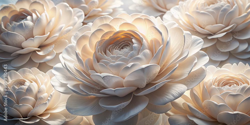 Luminous porcelain like petals appear to melt into one another, creating serene and delicate floral arrangement. soft hues and intricate details evoke sense of tranquility and beauty Luminous porcelain like petals appear to melt into one another, creating serene and delicate floral arrangement. soft hues and intricate details evoke sense of tranquility and beauty