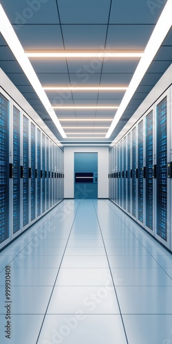 Futuristic server room with rows of servers, high-tech atmosphere, and sleek design emphasizes innovation in data management. photo