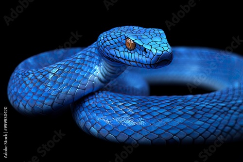 Photography 3D Illustration of Blue insularis viper venomous snake isolated in dark black background