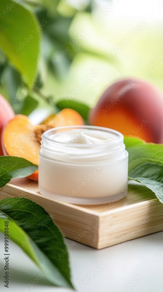 A jar of body souffle placed on a bamboo tray, surrounded by fresh peach slices and green leaves, in a minimalist style with a clean background A jar of body souffle placed on a bamboo tray, surrounded by fresh peach slices and green leaves, in a minimalist style with a clean background