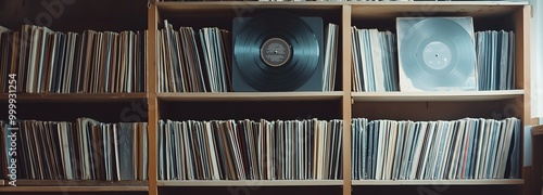 47. A collection of vinyl records on a stylish shelf