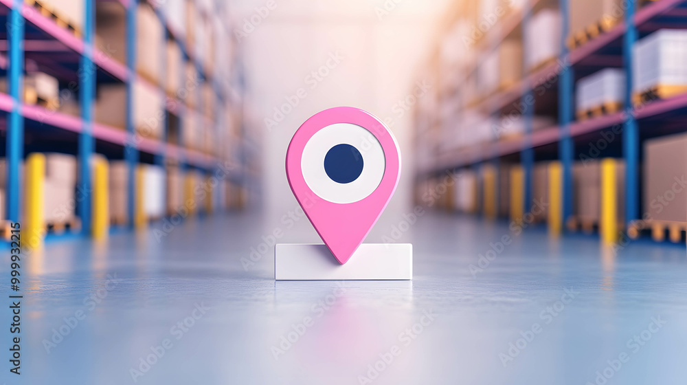 Fototapeta premium A pin icon marking the locations of storage warehouses and distribution points, transport hub concept.