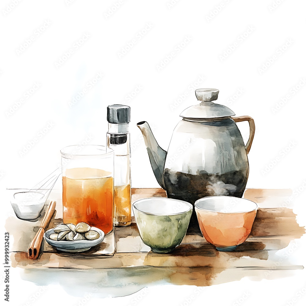 Watercolor Illustration of Tea Set with Kettle and Cups on Wooden Table. Watercolor Illustration of Tea Set with Kettle and Cups on Wooden Table.
