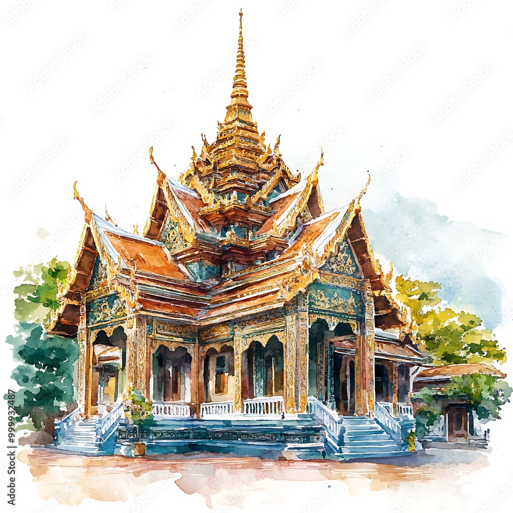 Fototapeta premium Watercolor painting of a traditional Thai temple with intricate details and a golden spire.