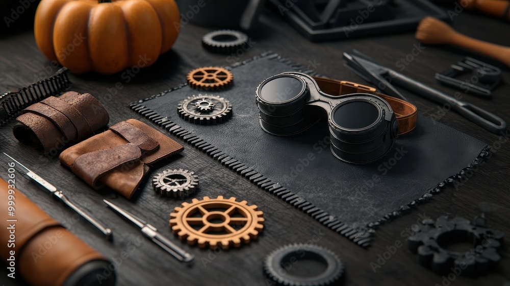Styled workspace with leather tools, gears, and goggles on a dark surface, ideal for steampunk or creative projects.
