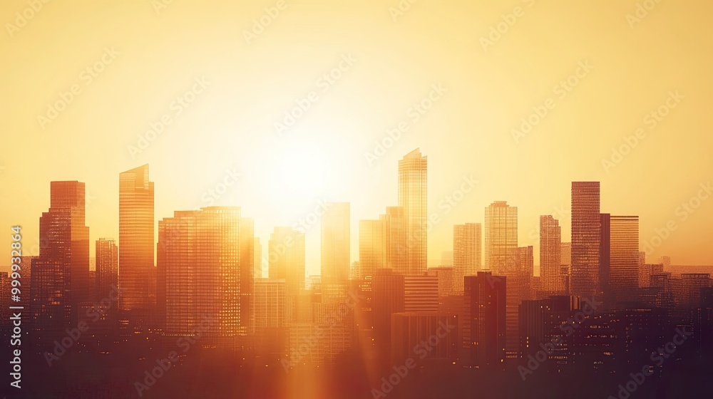 City skyline at sunset with warm light. City skyline at sunset with warm light.