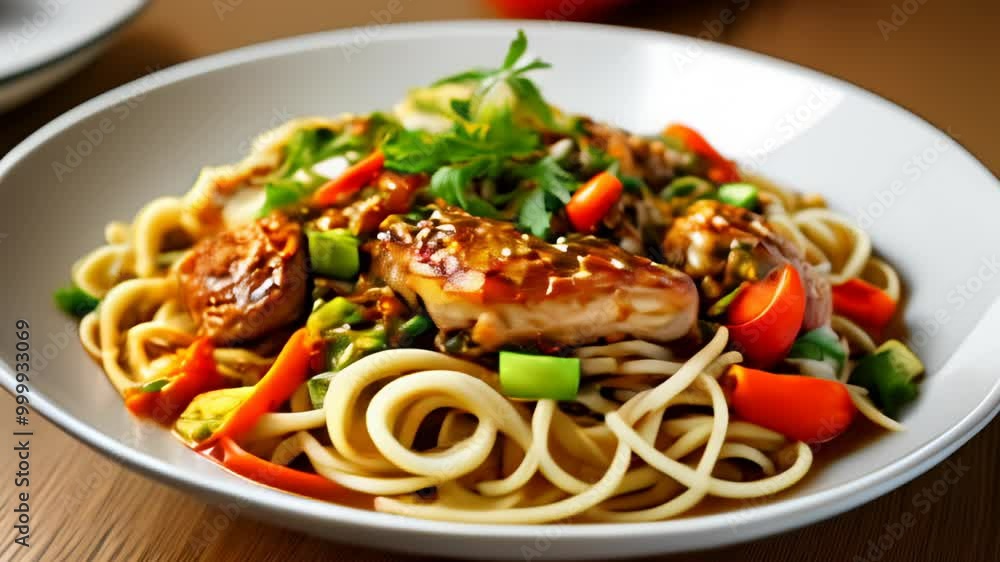 Delicious Asian noodle dish with stirfried vegetables and meat Delicious Asian noodle dish with stirfried vegetables and meat
