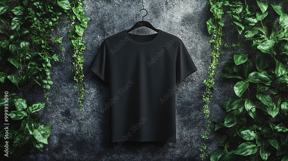 Black Blank T-Shirt Hanging on Textured Wall with Greenery Background for Design Mockup, Fashion Display, and Graphic Template Black Blank T-Shirt Hanging on Textured Wall with Greenery Background for Design Mockup, Fashion Display, and Graphic Template