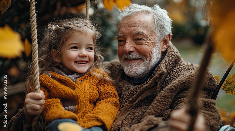 Obraz premium small girl with senior grandfather in wheelchair playing in backyard garden swinging