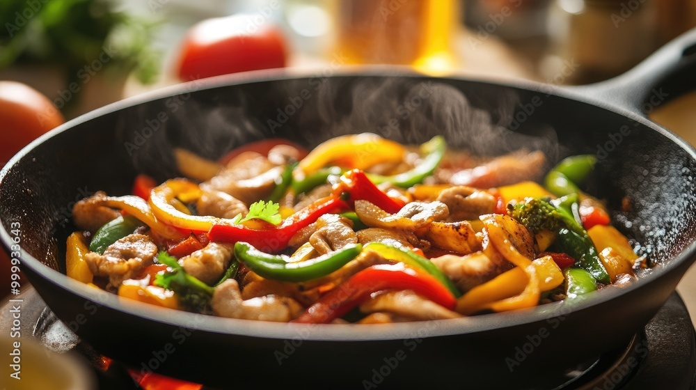 An enticing image of a cast-iron skillet filled with a sizzling stir-fry, vibrant colors and textures, illustrating the vibrancy of homemade Asian cuisine. An enticing image of a cast-iron skillet filled with a sizzling stir-fry, vibrant colors and textures, illustrating the vibrancy of homemade Asian cuisine.
