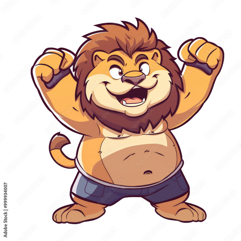 Obraz premium A cartoon lion with a big smile and his arms raised in the air.