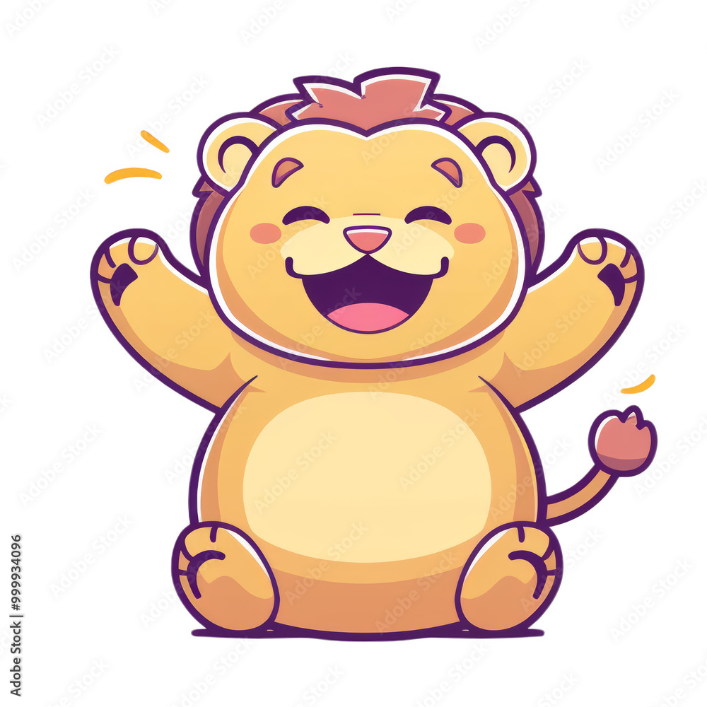 A happy cartoon lion with its arms raised in the air, smiling.