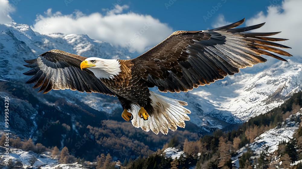Obraz premium Majestic Bald Eagle Soaring Through Snowy Mountains