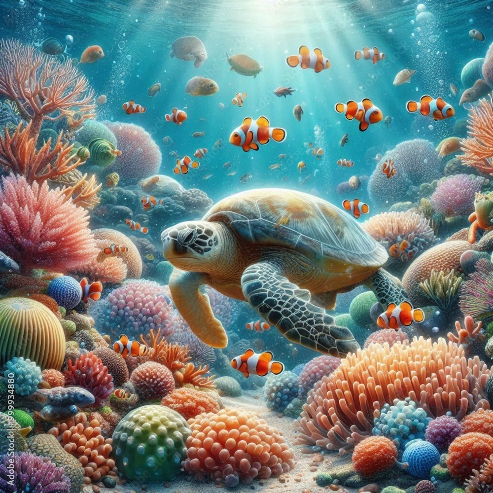 Naklejka premium An underwater scene teeming with colorful coral, busy clownfish, and a gentle sea turtle