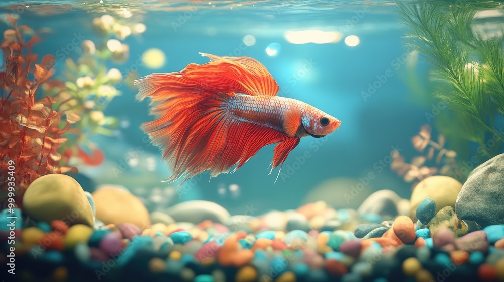 An underwater scene featuring a Betta fish exploring a decorated tank with colorful rocks and plants, creating a lively and dynamic environment An underwater scene featuring a Betta fish exploring a decorated tank with colorful rocks and plants, creating a lively and dynamic environment