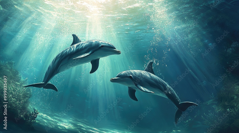 Naklejka premium An underwater view of dolphins playing together, with sunlight filtering through the water, creating a magical scene of friendship and energy beneath the surface.