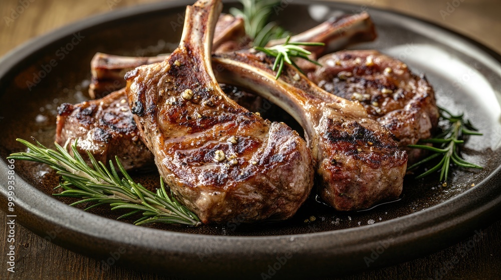 Juicy grilled lamb chops with rosemary and garlic, served on a rustic plate, with the tender meat glistening under natural light. Juicy grilled lamb chops with rosemary and garlic, served on a rustic plate, with the tender meat glistening under natural light.