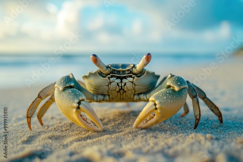 A close-up shot of a crab on a sandy beach. Funny animals in wildlife generative ai