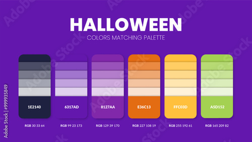 Color palette guide in Halloween colour theme collections. Color inspiration or chart with codes template. Color combination RGB. Colors swatches for graphic design, art, fashion or website. Vector.