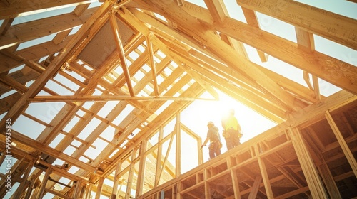 Wooden House Frame Construction with Bright Sunlight Beaming Through Unfinished Structure