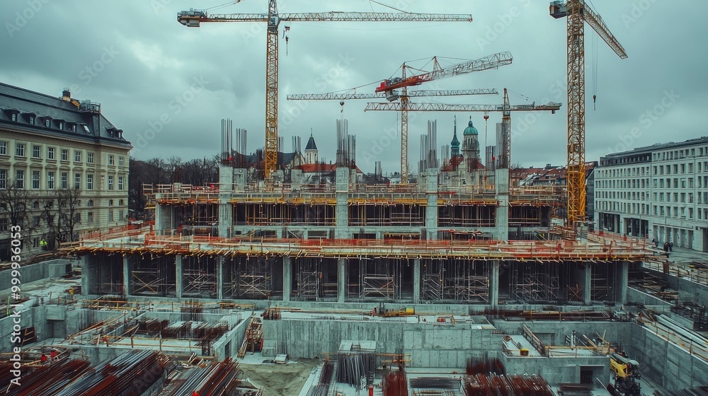 Fototapeta premium Cranes Lifting Structural Elements on Urban Construction Site with Residential and Commercial Developments