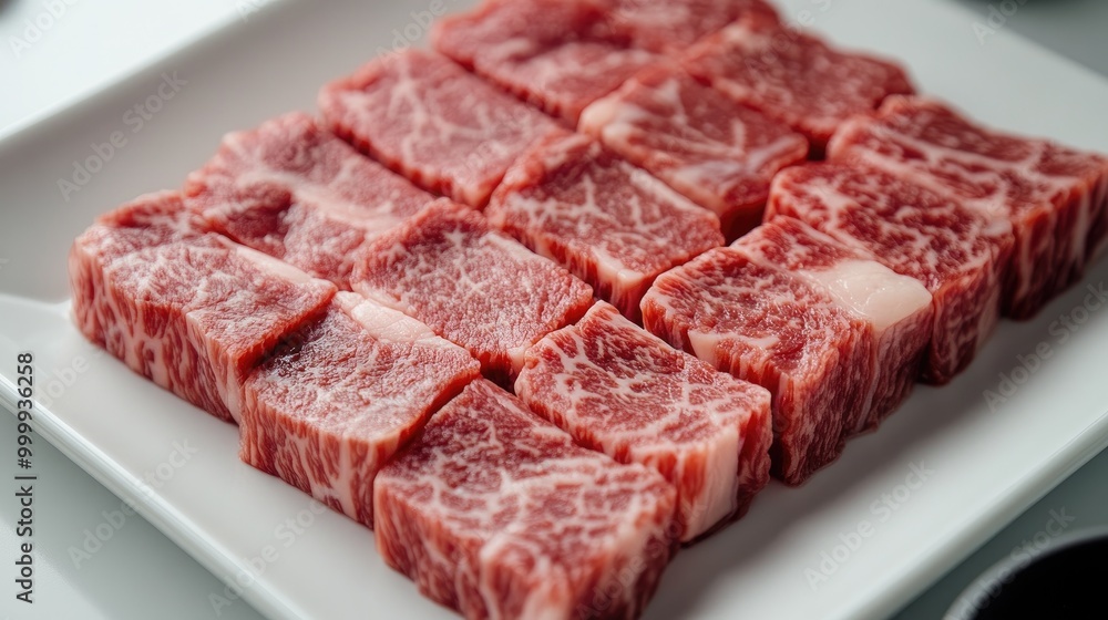 Slices of premium wagyu beef arranged neatly on a white plate, with visible marbling, ready for a high-end barbecue or shabu-shabu meal. Slices of premium wagyu beef arranged neatly on a white plate, with visible marbling, ready for a high-end barbecue or shabu-shabu meal.