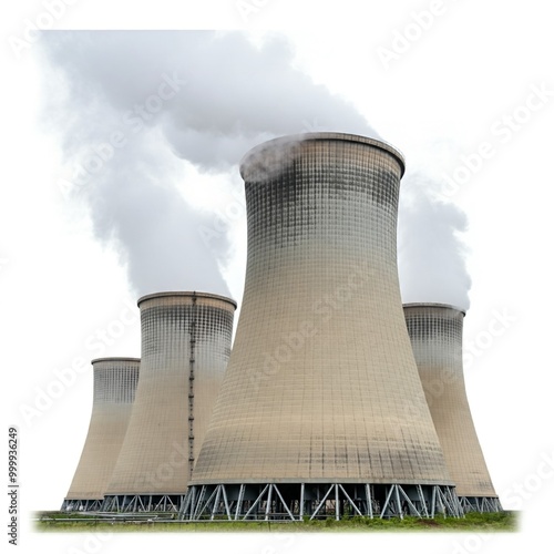 nuclear power plant cooling tower, smoke stack, isolated on white background