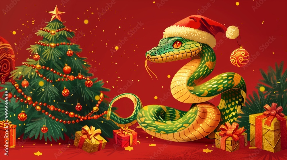 Funny green snake on a red background with a Christmas tree and gifts Funny green snake on a red background with a Christmas tree and gifts