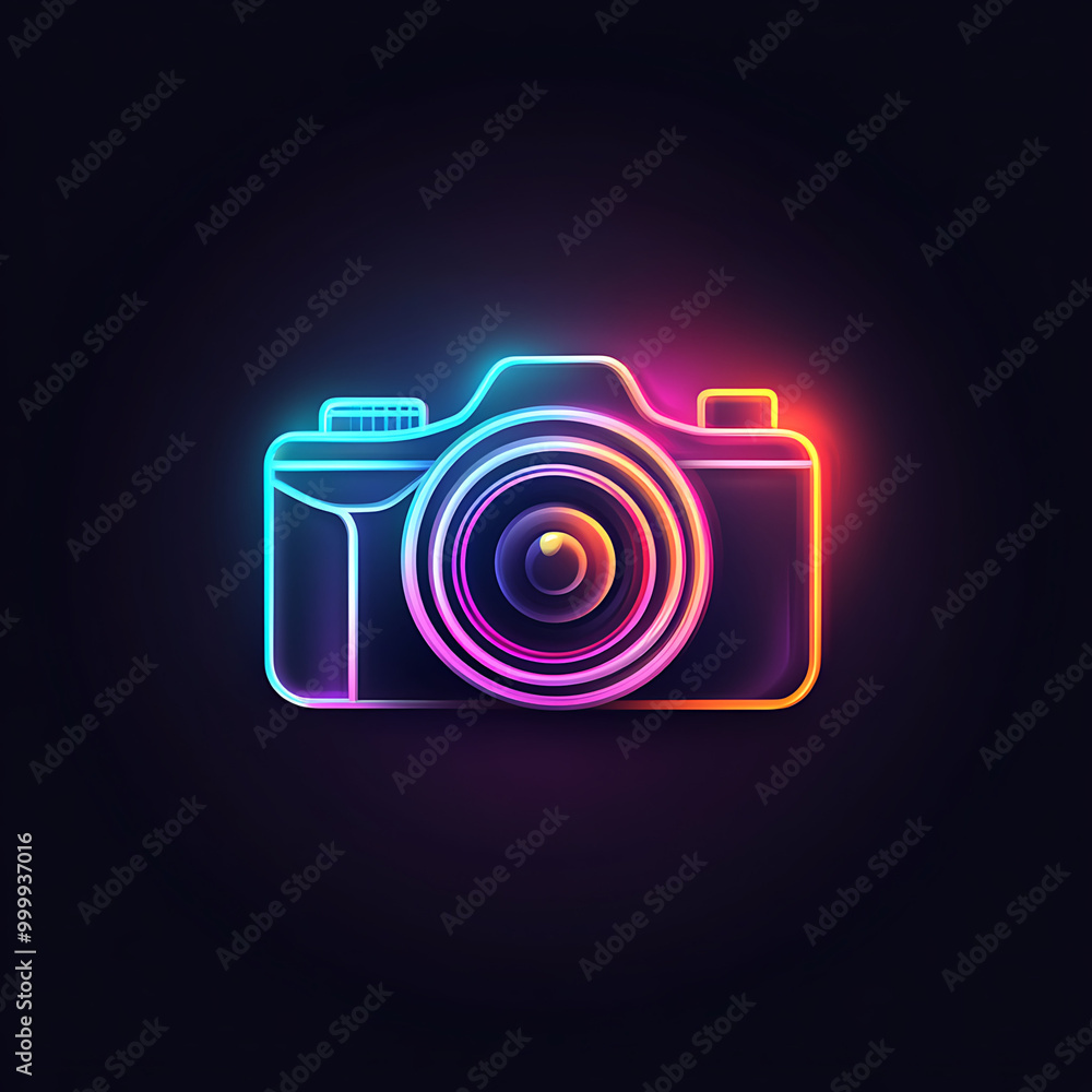 Camera logo design featuring vibrant neon colors, modern style, artistic representation, sleek lines, creative elements, digital aesthetic, visual branding, eye-catching graphics, unique identity. Camera logo design featuring vibrant neon colors, modern style, artistic representation, sleek lines, creative elements, digital aesthetic, visual branding, eye-catching graphics, unique identity.