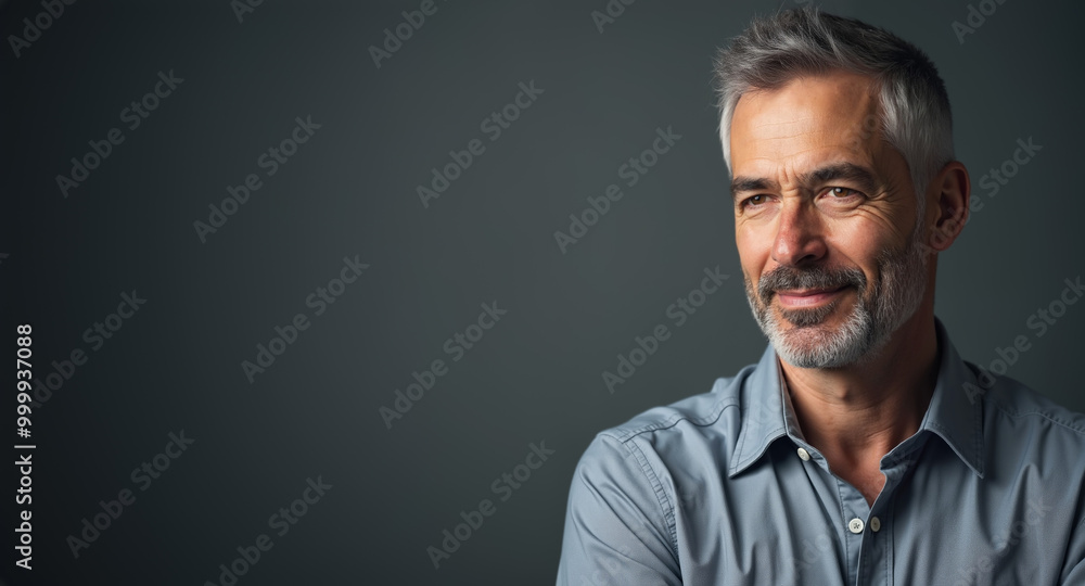 Mature man with confident smile looking thoughtful against dark background with copy space Mature man with confident smile looking thoughtful against dark background with copy space