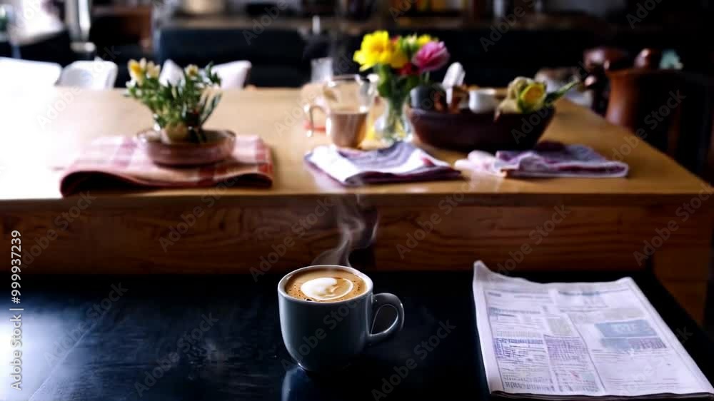 A close-up of a cup on a table, with hot, aromatic coffee slowly pouring into it. The coffee fills the cup, releasing light steam. The camera gradually begins to pull away, revealing the cozy interior