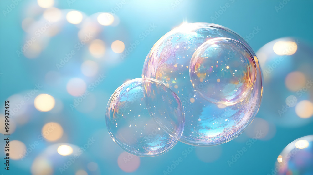 Iridescent Bubbles Floating on a Blue Background Iridescent Bubbles Floating on a Blue Background