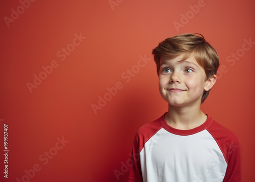 Young boy with cheerful expression looking up against red background with copy space