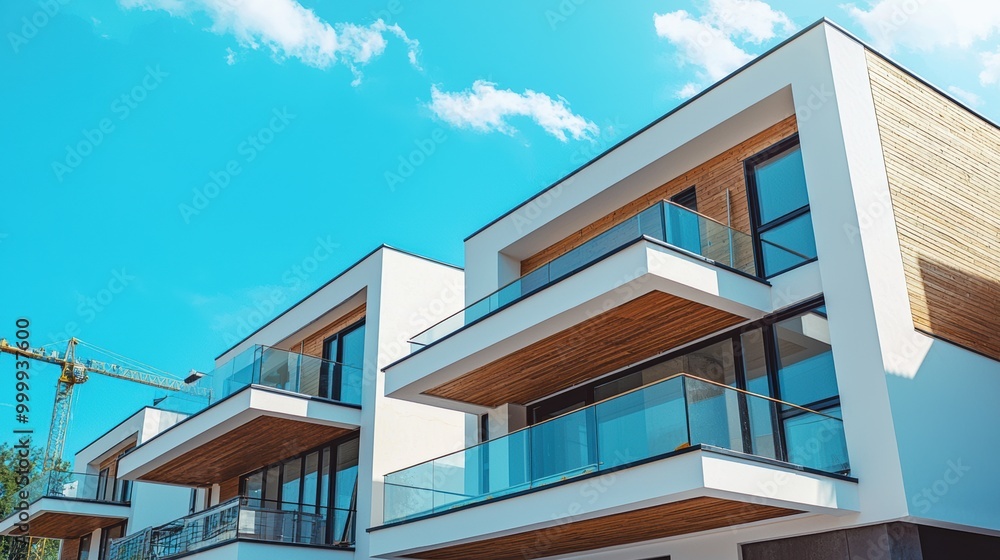 Sleek and Stylish Modern Apartment Building with Geometric Glass Facade Against Blue Sky Sleek and Stylish Modern Apartment Building with Geometric Glass Facade Against Blue Sky