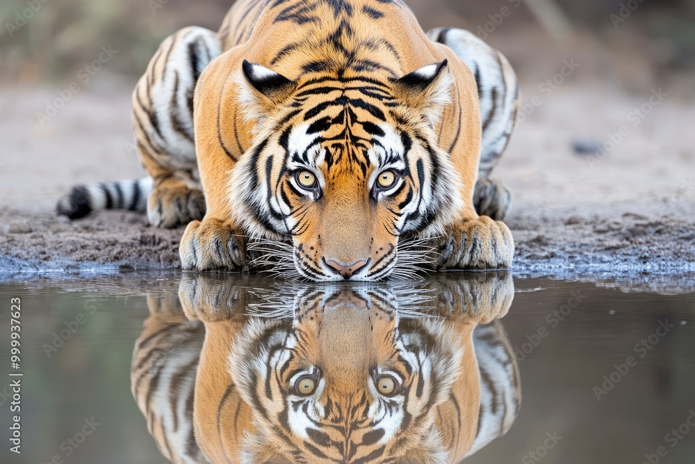 Obraz premium A magnificent Bengal Tiger and his reflection while drinking water -generative ai