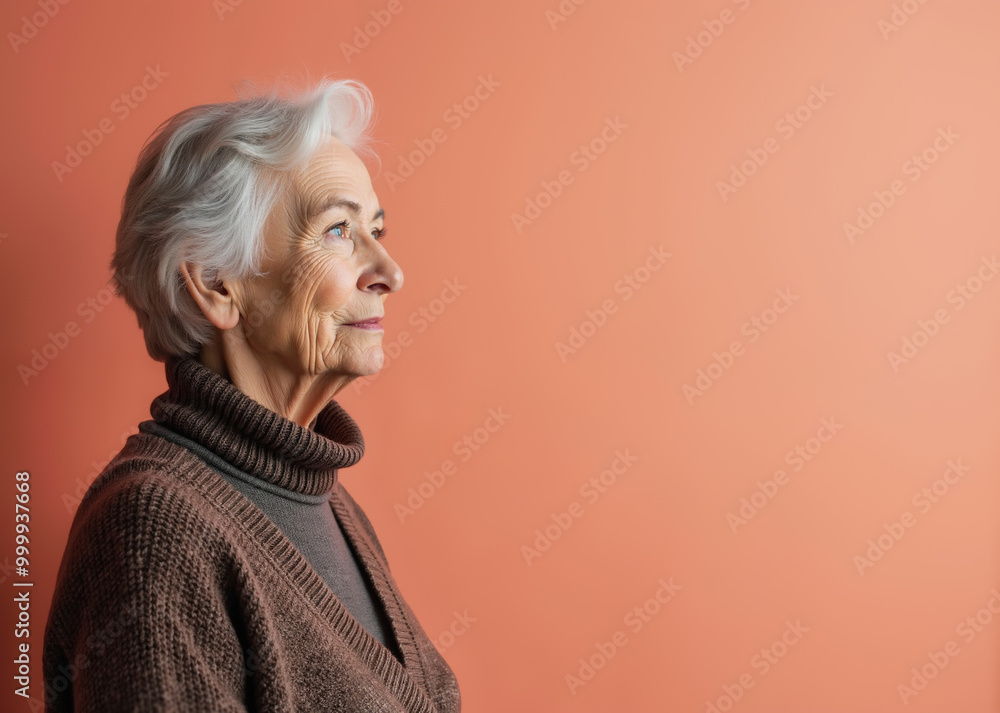 Senior woman with contemplative expression gazing upward against peach background with copy space Senior woman with contemplative expression gazing upward against peach background with copy space