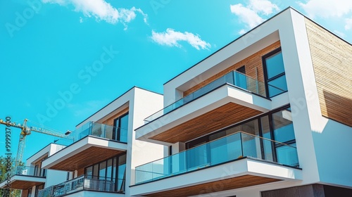 Sleek and Stylish Modern Apartment Building with Geometric Glass Facade Against Blue Sky