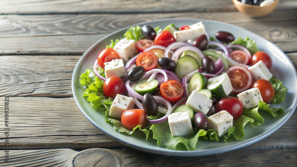 Light plate with salad on a wooden table, copy space, banner Light plate with salad on a wooden table, copy space, banner
