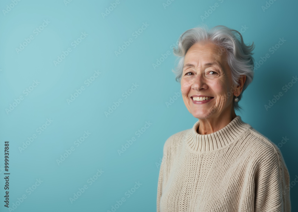 Senior Woman with Cheerful Smile Posing Against Turquoise Background with Copy Space Senior Woman with Cheerful Smile Posing Against Turquoise Background with Copy Space