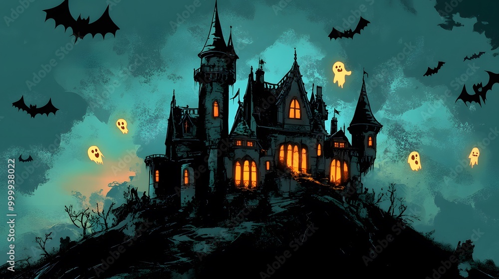 A haunted castle on a hill bats swirling around the turrets witches casting spells from the sky and glowing ghosts floating near the windows in a comic-style scene A haunted castle on a hill bats swirling around the turrets witches casting spells from the sky and glowing ghosts floating near the windows in a comic-style scene