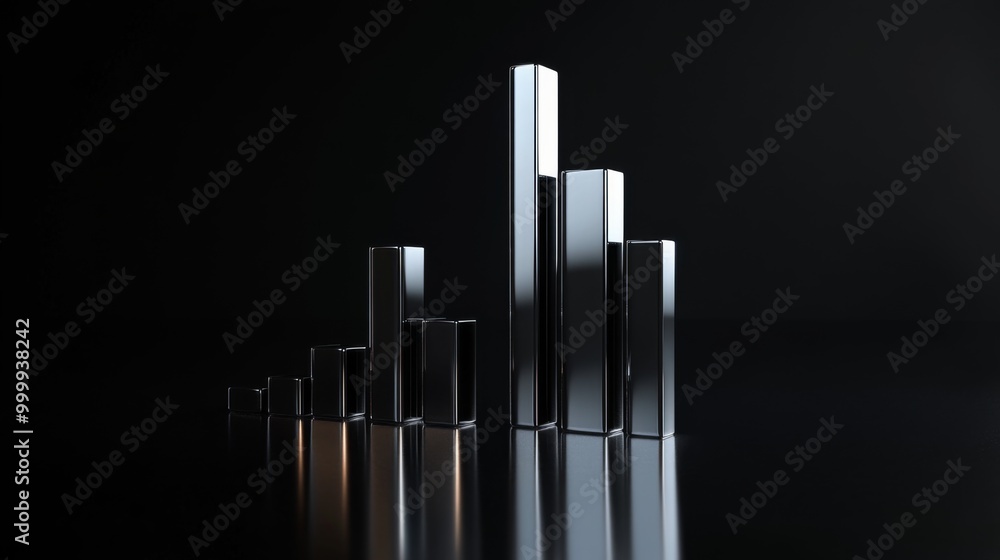 A 3D financial bar graph with metallic bars, representing revenue comparison between different companies, placed on a reflective surface with a sleek black background. A 3D financial bar graph with metallic bars, representing revenue comparison between different companies, placed on a reflective surface with a sleek black background.