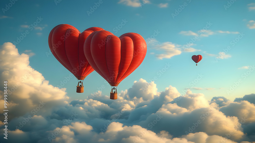 Obraz premium Heart-Shaped Balloons Soar Above Fluffy Clouds
